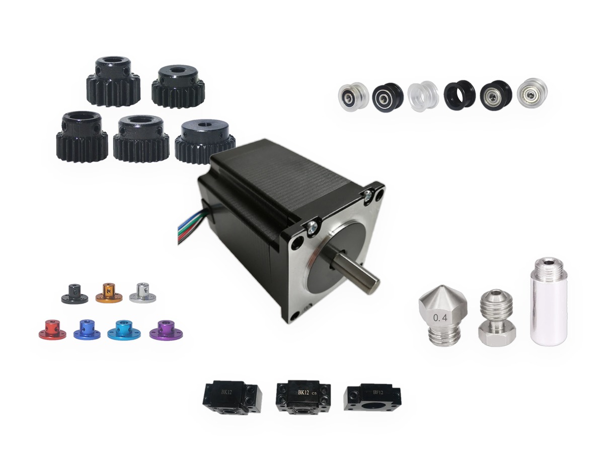 Stepper motor, gears, idler wheels, couplings and ball screw supports
